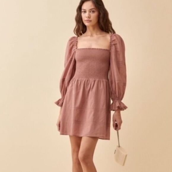 REFORMATION Dusty Rose Mauve Dunes Dress w Puff Sleeves and Lace detail Size 12 - Picture 1 of 10